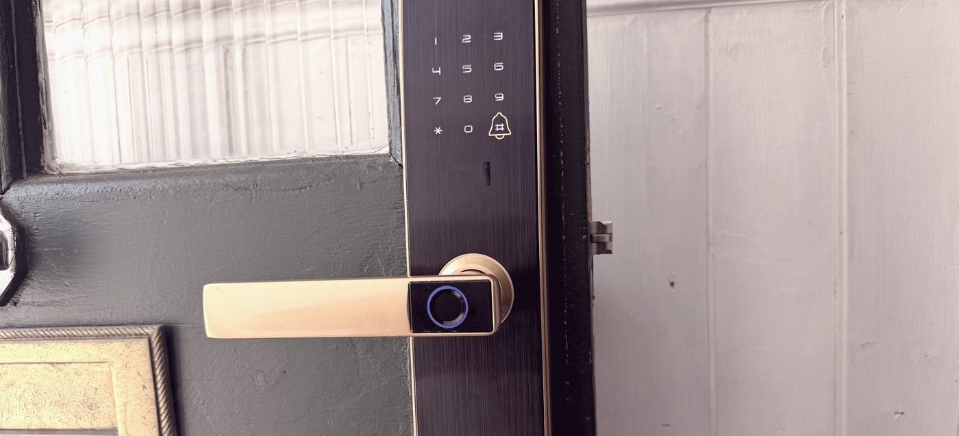A keypad and fingerprint lock with a lever handle fitted to a painted timber front door.